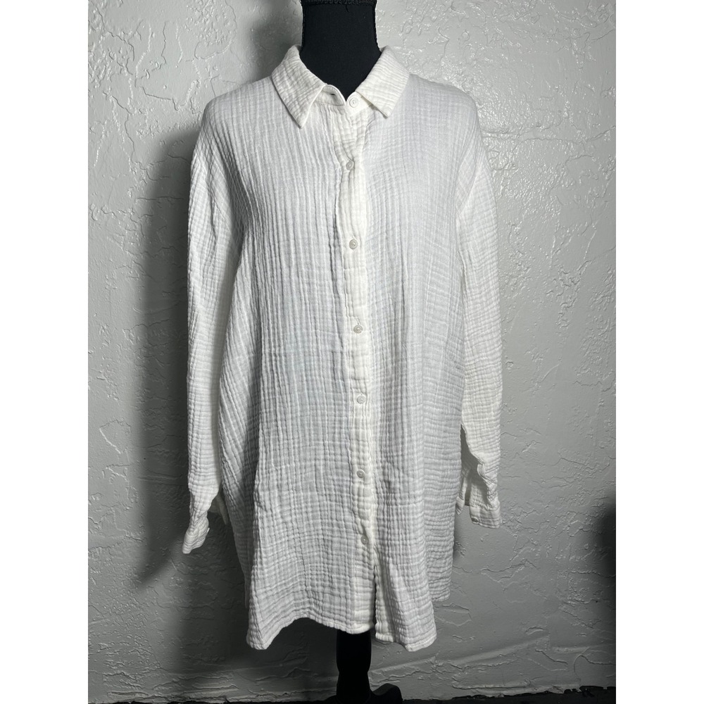 Eileen Fisher XL Organic Cotton Gauze Tunic Shirt White Button Down Lagenlook